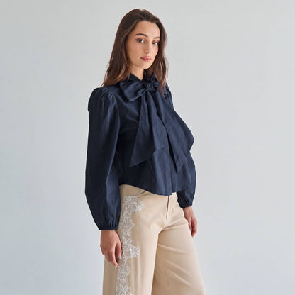Deep Navy Blue Bow Tie neck blouse