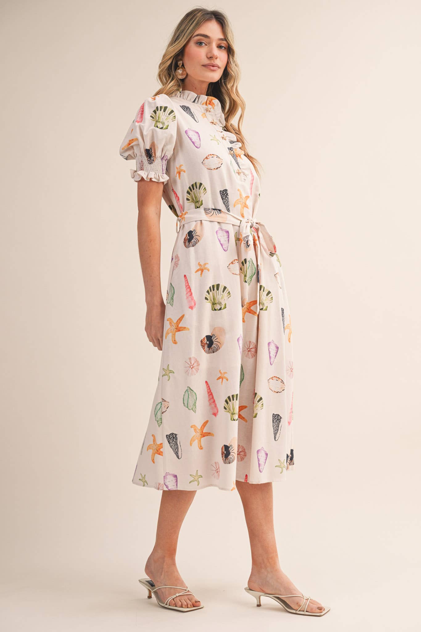 SEASHELL PRINT RUFFLE COLLAR BELTED MIDI DRESS