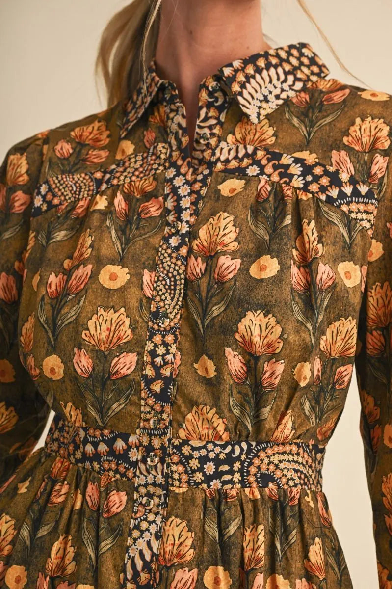 Olive Brown Floral Print Midi Dress