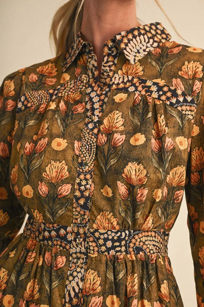 Olive Brown Floral Print Midi Dress