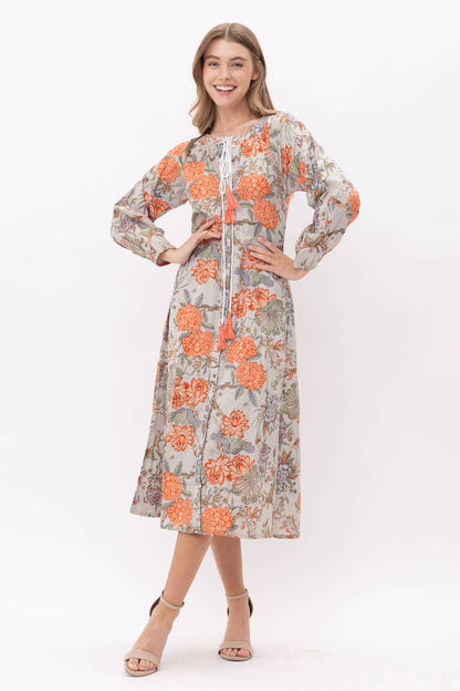 Orange Floral Cotton Midi Dress - PRE ORDER