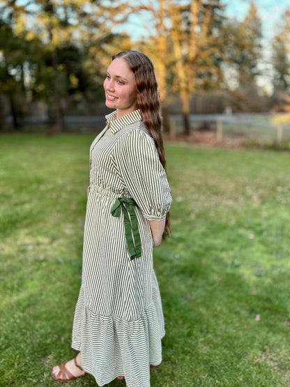 STRIPED CONTRAST SIDE RIBBON MIDI DRESS