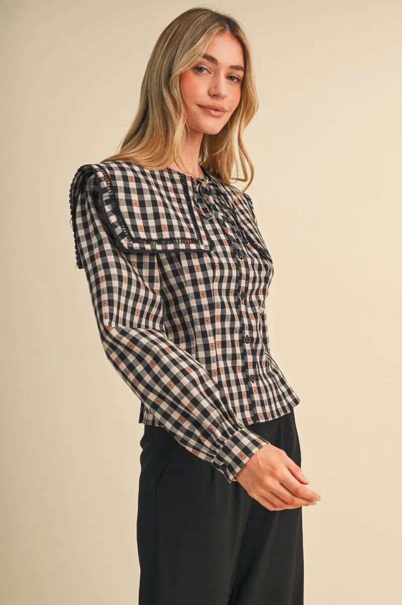 Black White Brown Lace Gingham Blouse