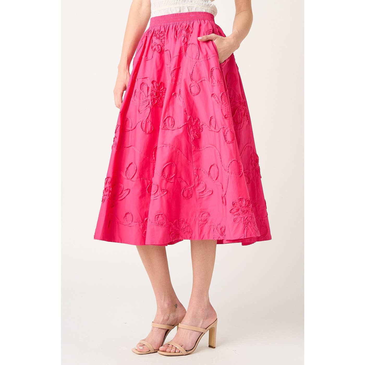 ROSE FLORAL EMBROIDERY HOT PINK ELASTIC WAIST MIDI SKIRT