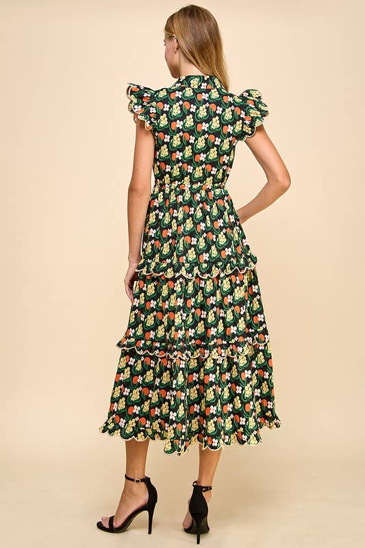 Floral Print Scalloped Detail Midi Dress