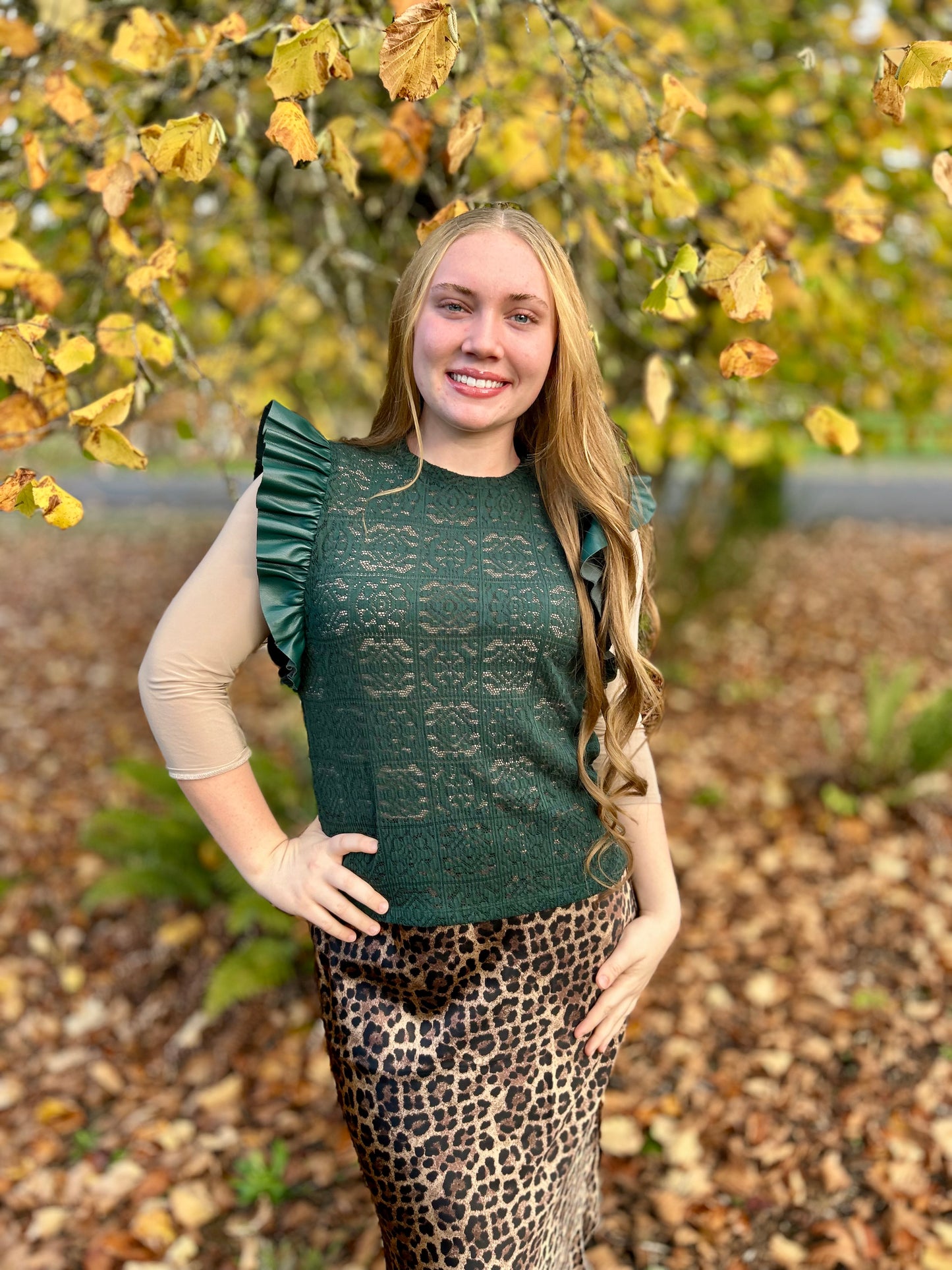 Emerald Green Faux Leather & Lace Blouse