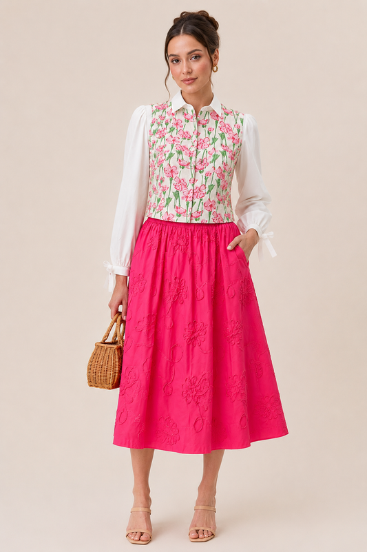 ROSE FLORAL EMBROIDERY HOT PINK ELASTIC WAIST MIDI SKIRT