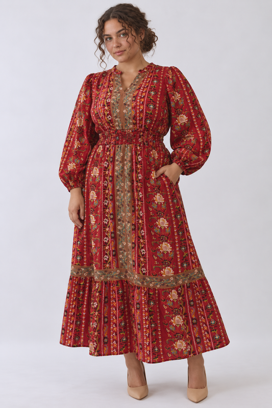 Red Multi Color V Neck Floral Border Print Tiered Midi Dress