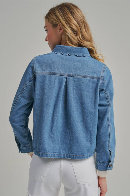 FALL DENIM BUTTON DOWN JACKET WITH SCALLOP EMBROIDERY COLLAR