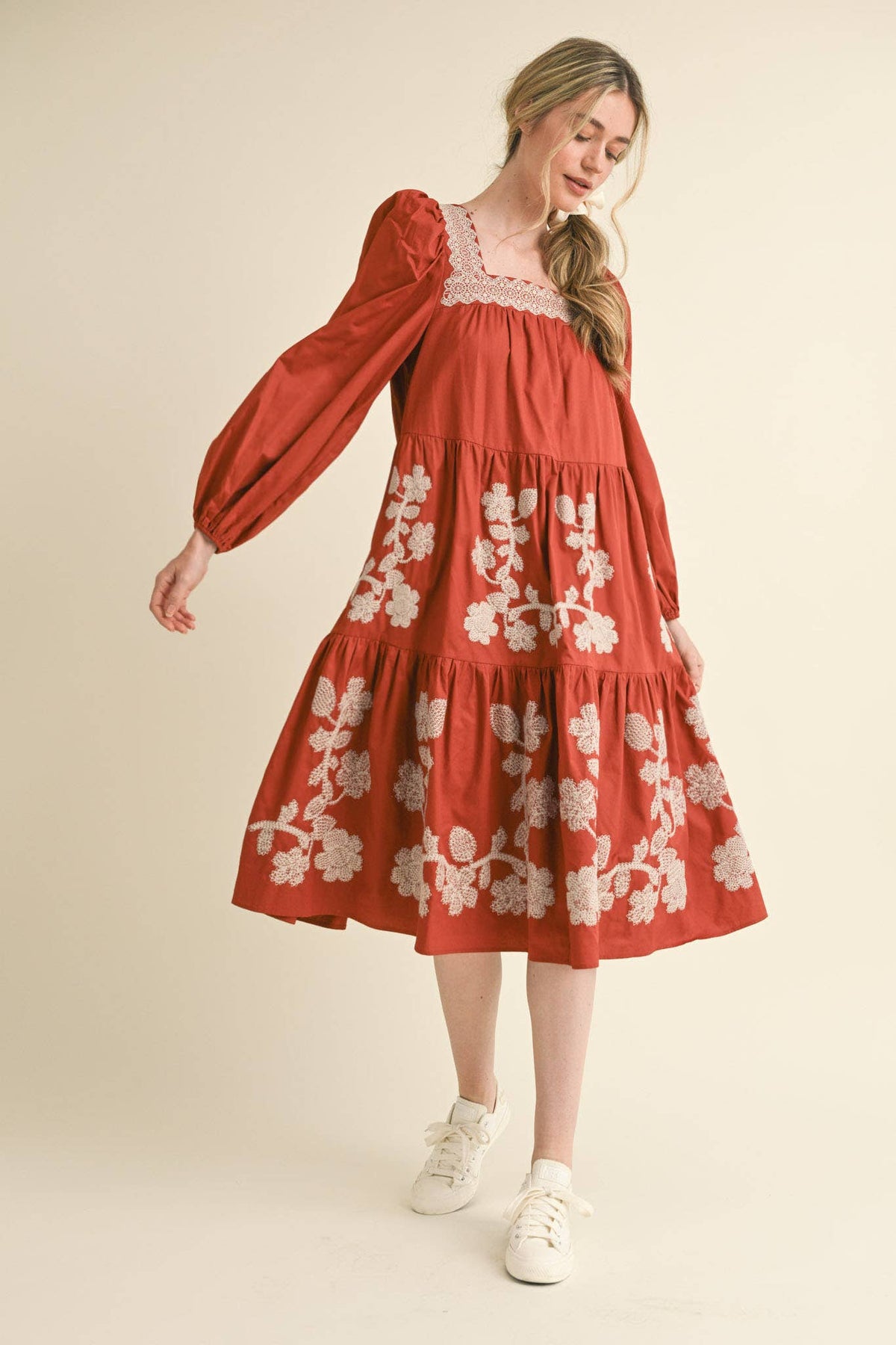 FLORAL EMBROIDERED TIERED MIDI DRESS RUST AMBER SQUARE NECK