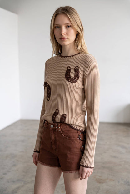 Western Horseshoe Ribbed Sweater