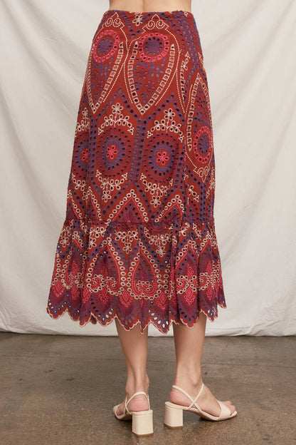 Eyelet Embroidered Blouse and Midi Skirt with Uneven Hem Scallop