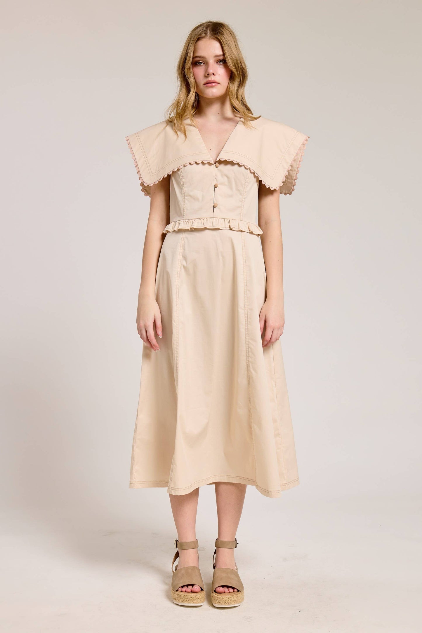 Oversized Collar Scallop Trim Midi Dress