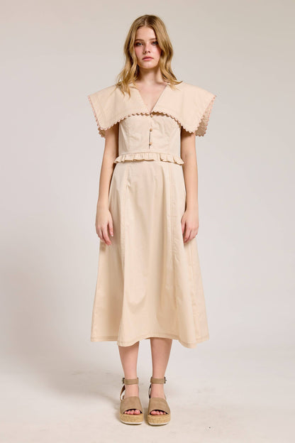 Oversized Collar Scallop Trim Midi Dress