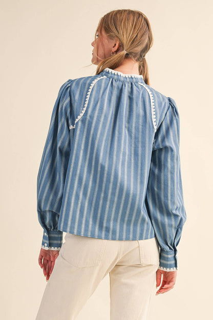 STRIPED PUFF SLEEVE TOP WITH BLANKET STITCH BLUE BLOUSE - PRE ORDER
