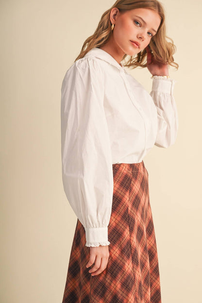 BUTTON UP TOP WITH SCALLOPED TRIM PETER PAN COTTON BLOUSE BLACK WHITE MUSHROOM