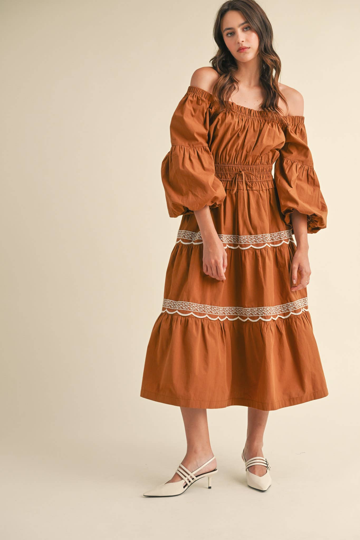 EMBROIDERED LACE TRIM MIDI DRESS RUST