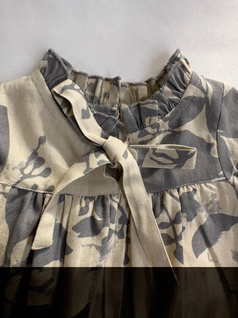 Grey Leaf Printed Gathered Long Sleeve Dress
