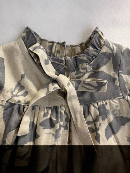 Grey Leaf Printed Gathered Long Sleeve Dress