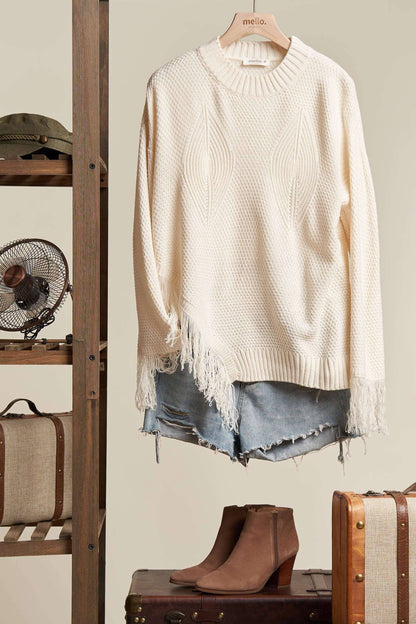 Oversize Round Neck Sweater with Fringe