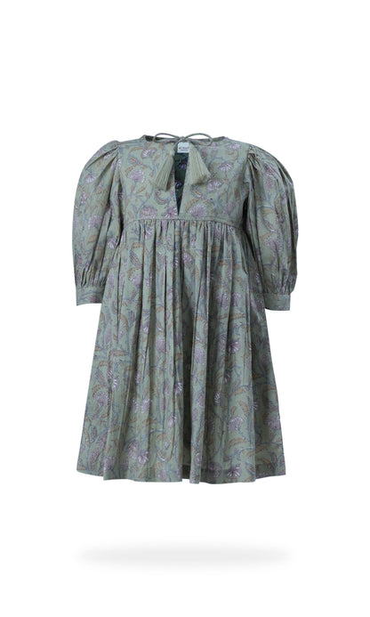 Sage-Green Floral Printed Sleeve Gathered Dress - PRE ORDER