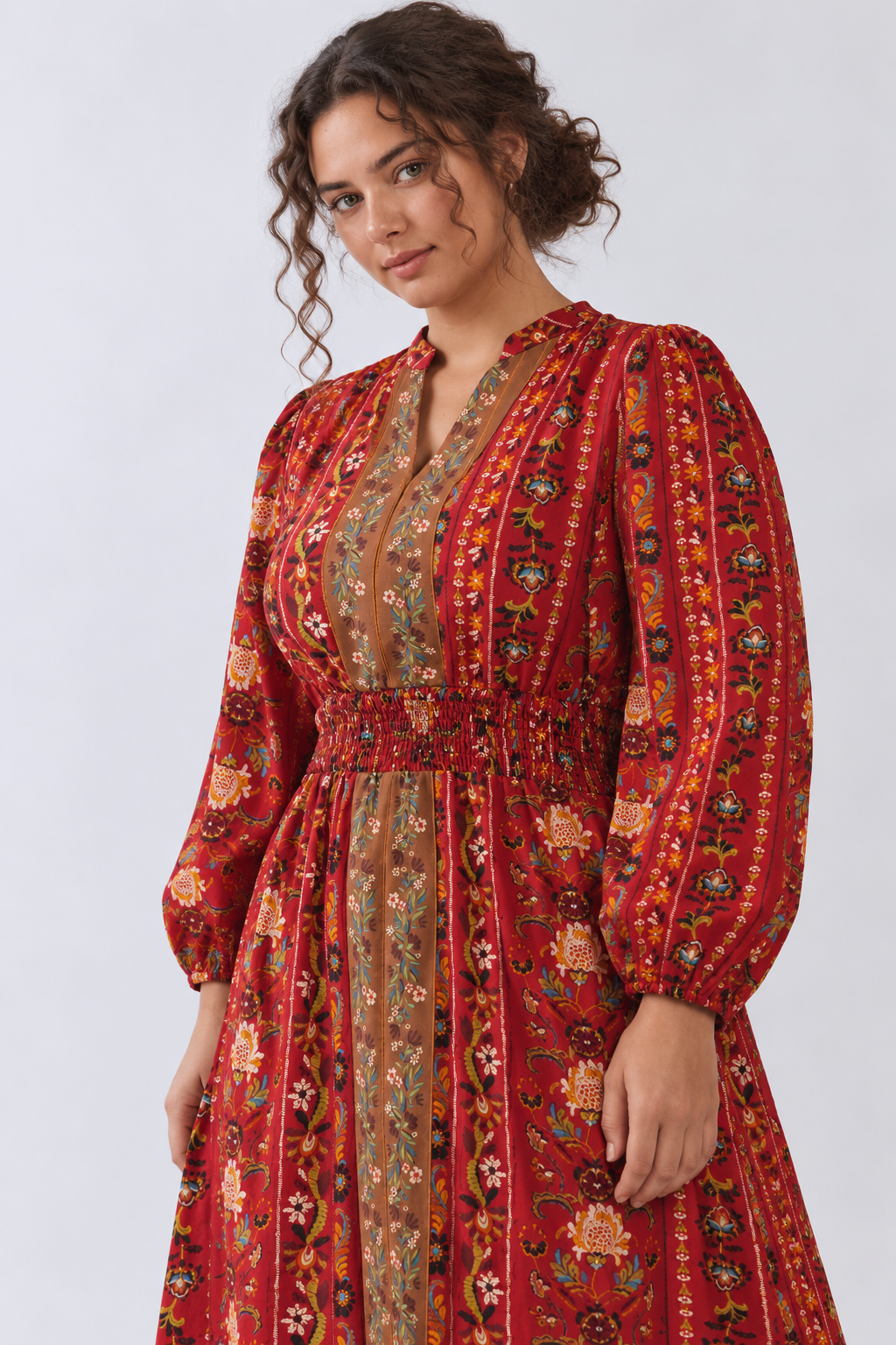 Red Multi Color V Neck Floral Border Print Tiered Midi Dress
