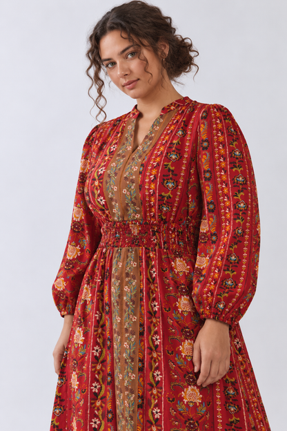 Red Multi Color V Neck Floral Border Print Tiered Midi Dress