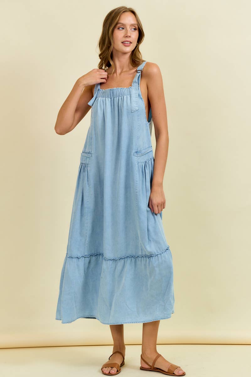 TENCEL MAXI OVERALL DRESS WITH TIERED RUFFLE