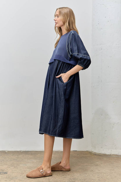 KNIT MIX 3/4 SLEEVE BLUE DENIM MIDI DRESS