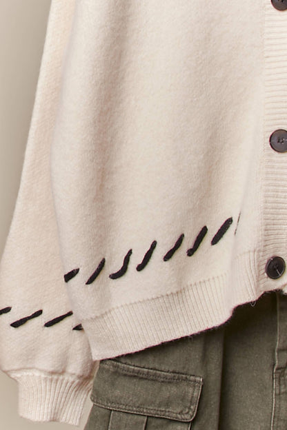 Stitch Heart Accent V Neck Knit Cardigan