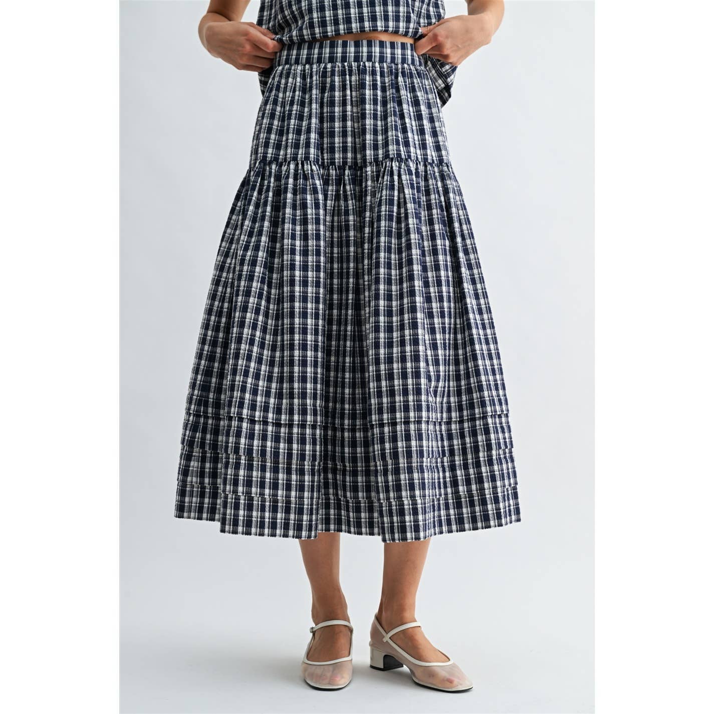 GINGHAM PRINTED PIN TUCK DETAIL MIDI SKIRT - PRE ORDER