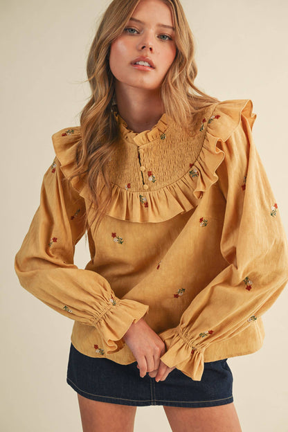 RUFFLED SMOCKED YOKE EMBROIDERED BLOUSE Multiple Color - PRE ORDER