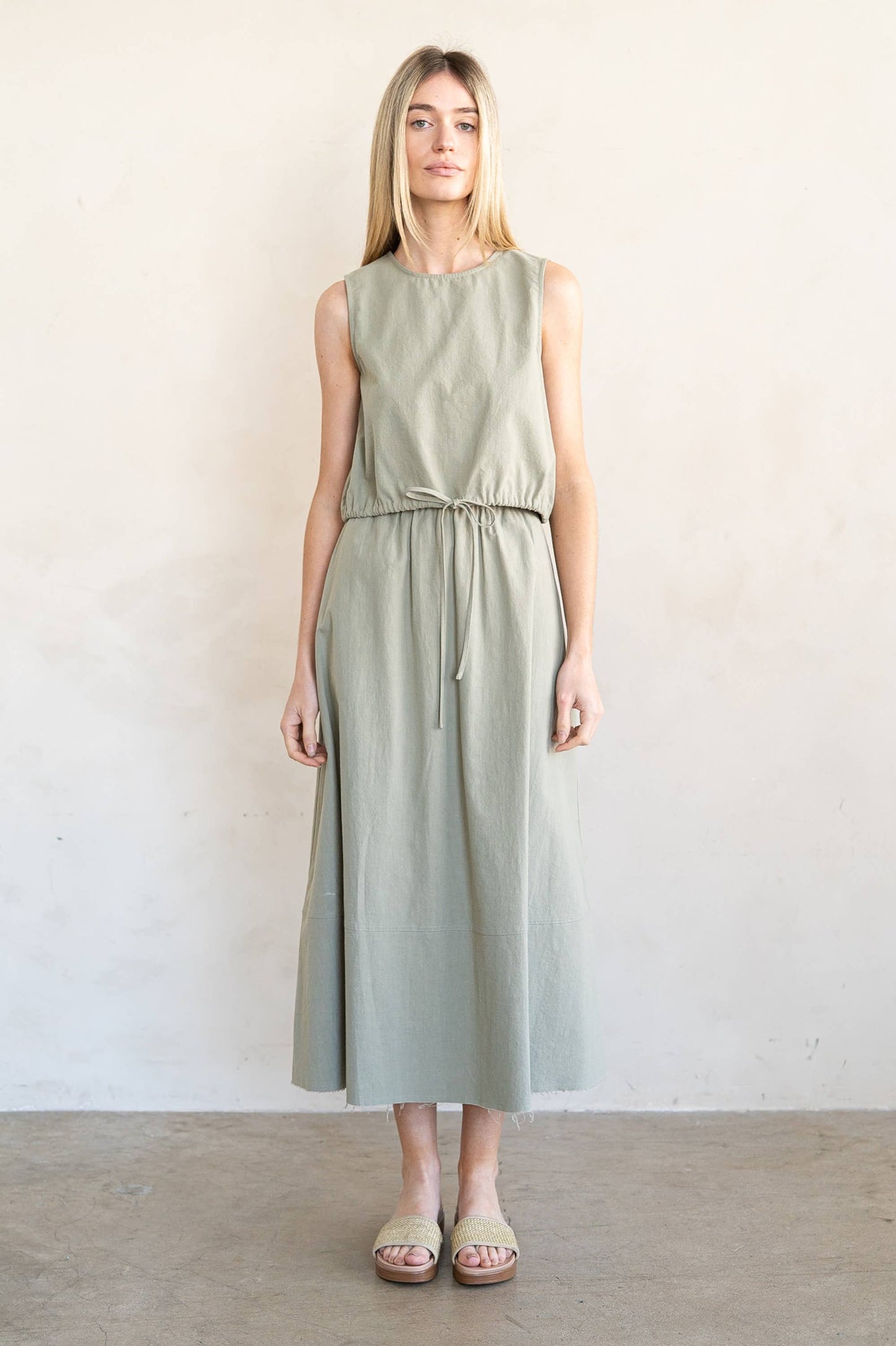 SAGE GREEN ADJUSTABLE TIE HEM CROPPED TANK TOP AND FLARED MIDI SET
