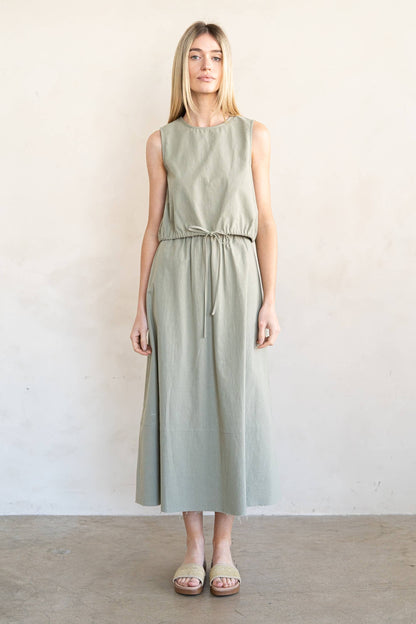 SAGE GREEN ADJUSTABLE TIE HEM CROPPED TANK TOP AND FLARED MIDI SET