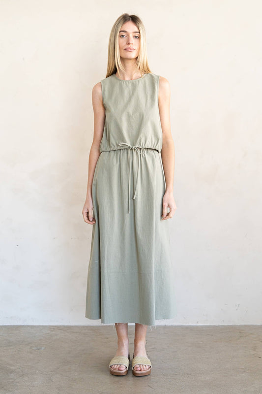 SAGE GREEN ADJUSTABLE TIE HEM CROPPED TANK TOP AND FLARED MIDI SET