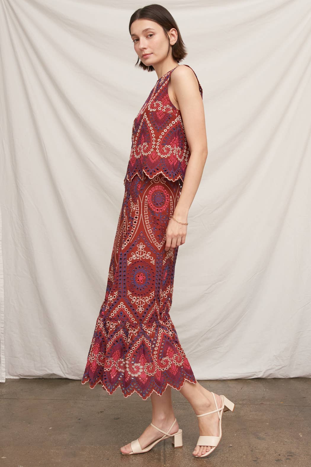 Eyelet Embroidered Blouse and Midi Skirt with Uneven Hem Scallop