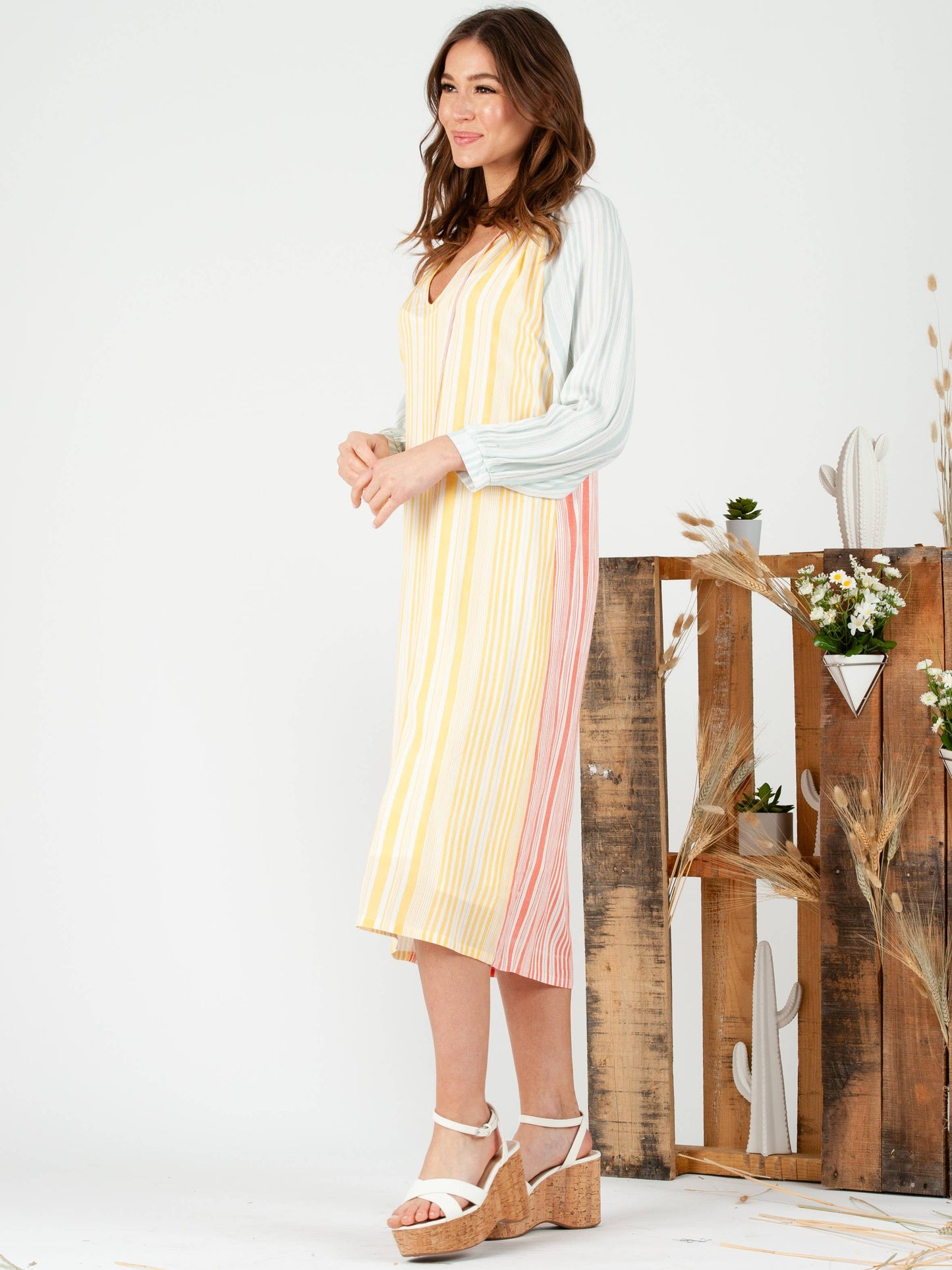 Blue Pink Yellow Multi Color Women's Striped Colorblock Midi Dress