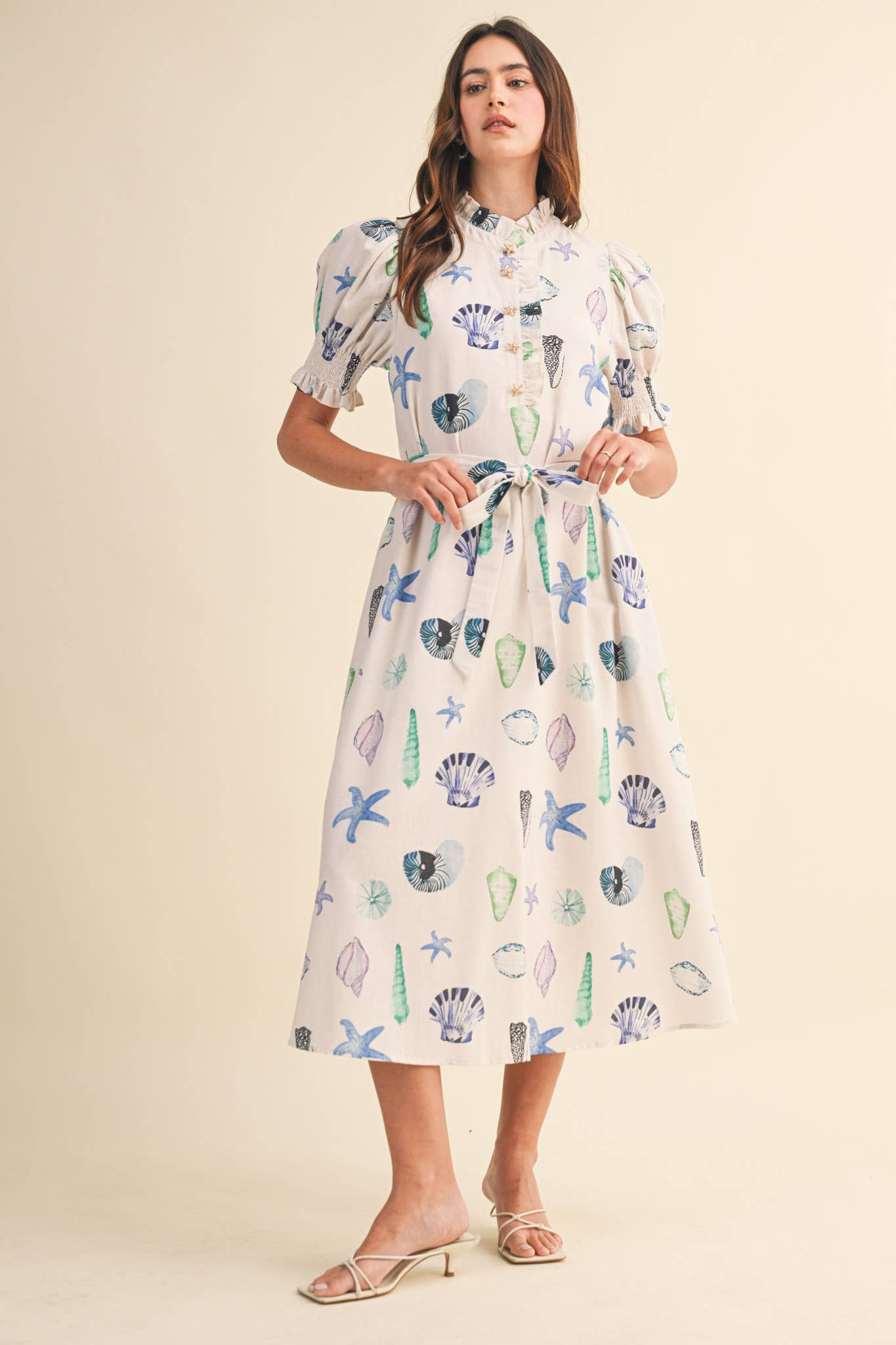 SEASHELL PRINT RUFFLE COLLAR BELTED MIDI DRESS