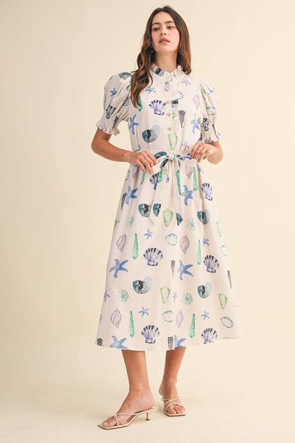 SEASHELL PRINT RUFFLE COLLAR BELTED MIDI DRESS