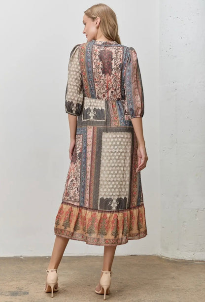 Bohemian Patchwork Print Midi Dress