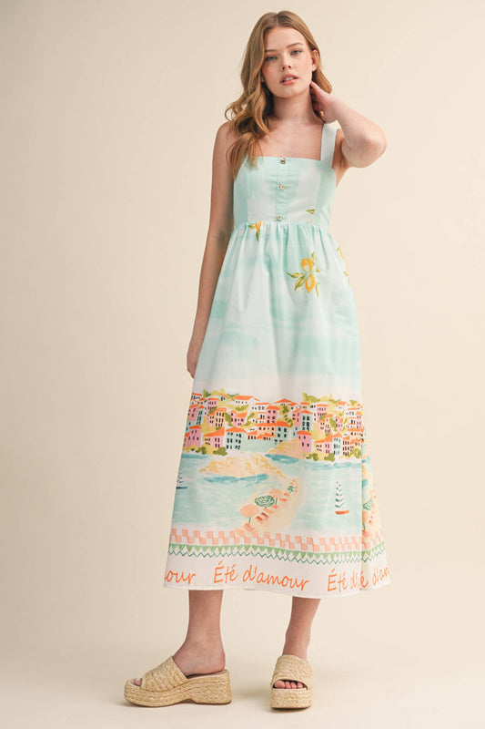 LETS GETAWAY LANDSCAPE PRINT BOW TYING MIDI DRESS BLUE