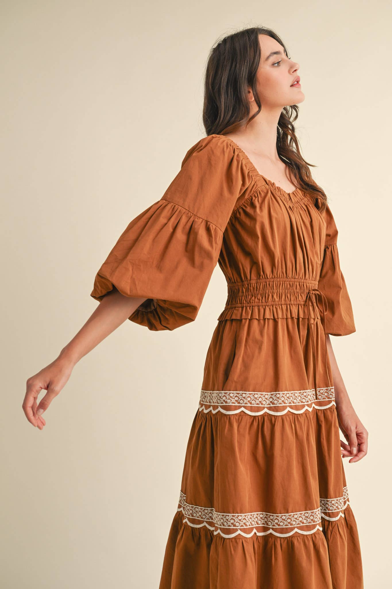 EMBROIDERED LACE TRIM MIDI DRESS RUST