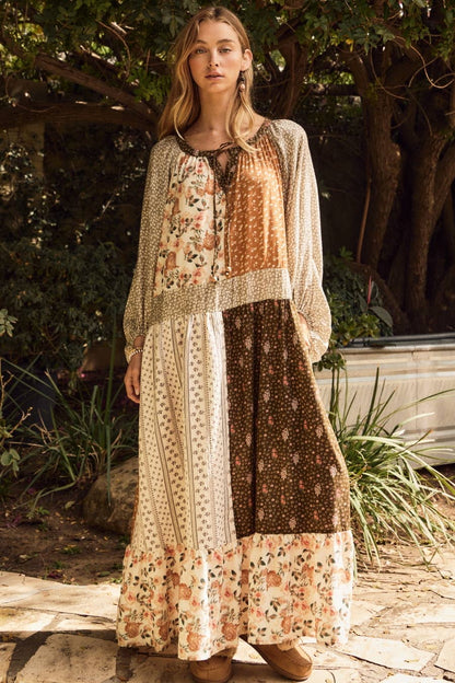 Mixed Floral Print Tiered Midi Dress