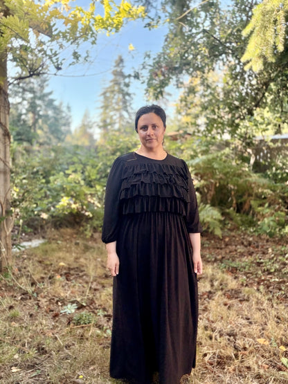 Black Modest 3/4 ballon sleeves 4 tier gathered ruffle dress