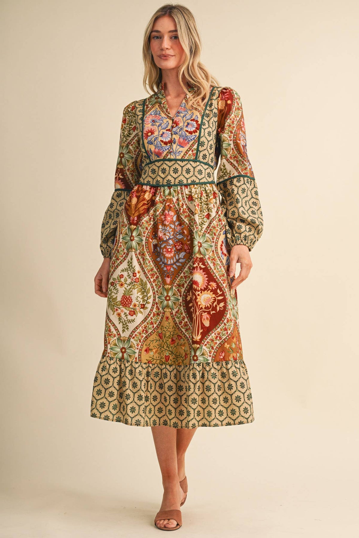 MIXED FLORAL PRINT CONTRAST PIPING MIDI DRESS