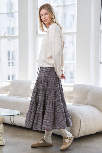 Caramel Gingham Elastic Waistband Skirt - Multiple Colors