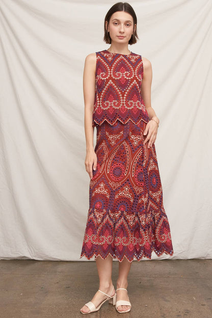Eyelet Embroidered Blouse and Midi Skirt with Uneven Hem Scallop