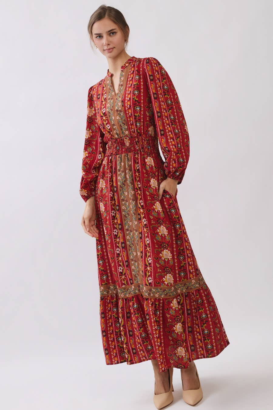Red Multi Color V Neck Floral Border Print Tiered Midi Dress