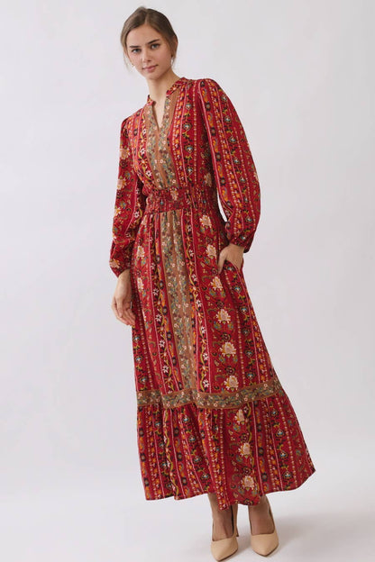 Red Multi Color V Neck Floral Border Print Tiered Midi Dress