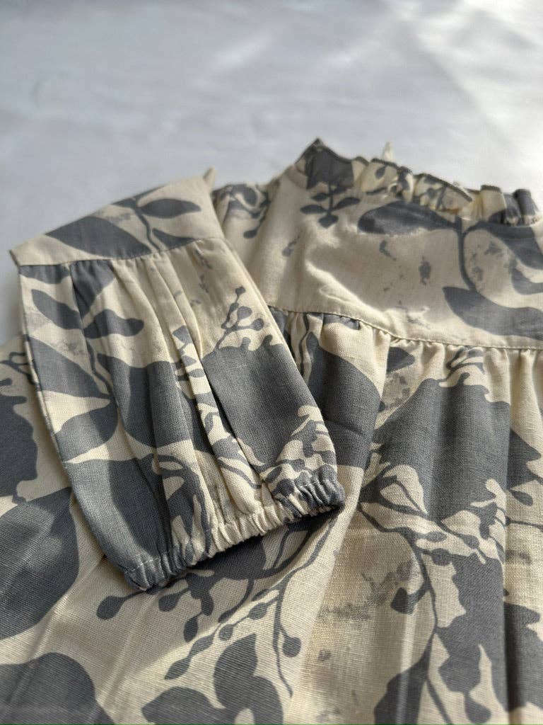 Grey Leaf Printed Gathered Long Sleeve Dress